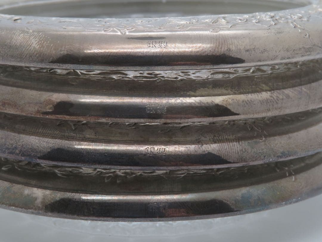 Vintage フローラル 純銀 ドリンクコースター クリスタルガラス4枚セット