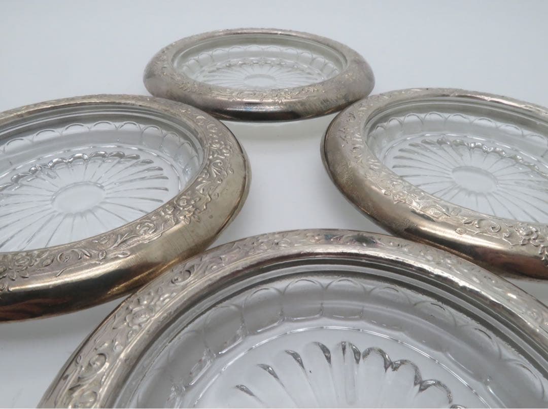 Vintage フローラル 純銀 ドリンクコースター クリスタルガラス4枚セット