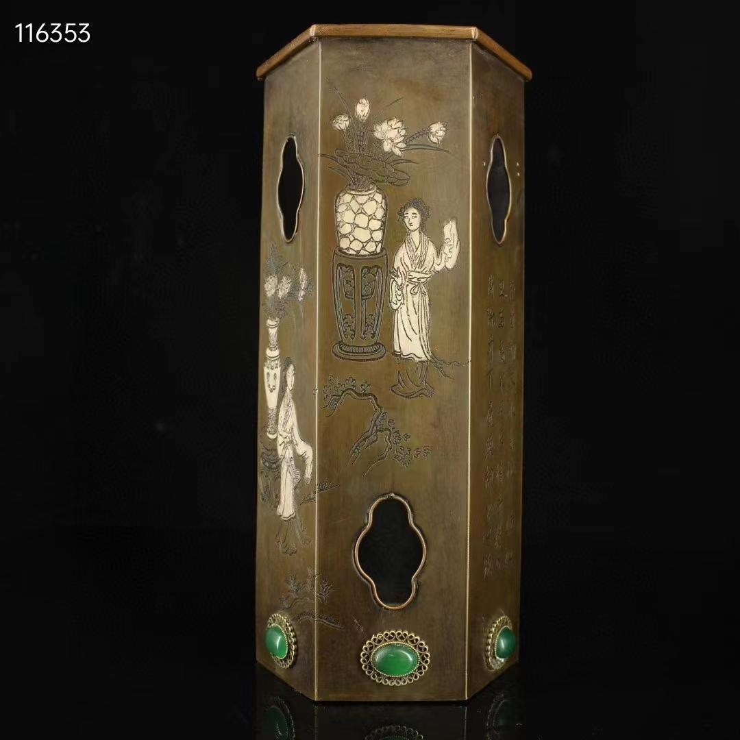 中国古美術・珍蔵純銅製・純手作り・仕女絵宝石入り筆立・文房置物・書道品·純手彫り