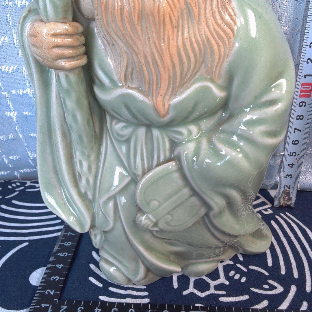 骨董４ 緑色の陶器製老賢者像 約20cm