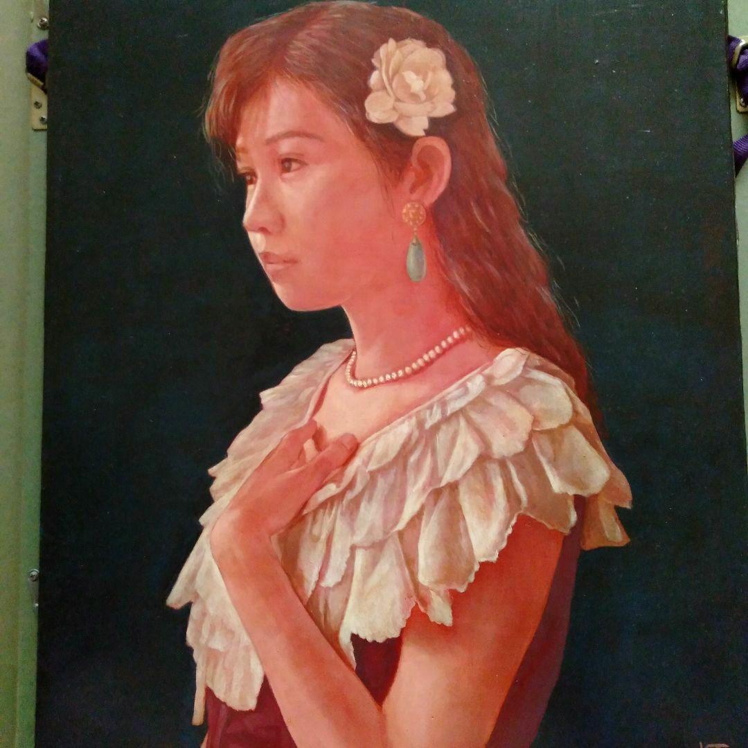 金子亨　人物画 　「遠い夏」　油彩画　クラシック黒額縁付き