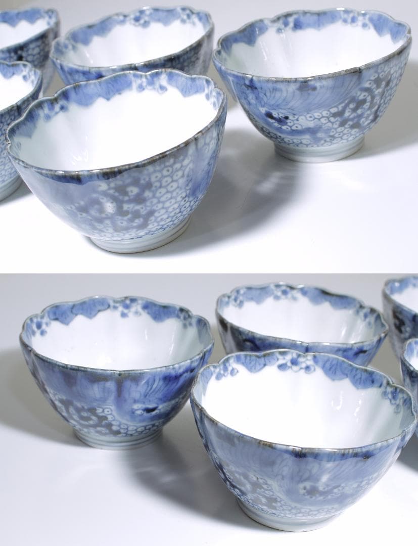 江戸中期 古伊万里 蕎麦猪口 五客揃 [繋ぎ亀甲・鳳凰文]