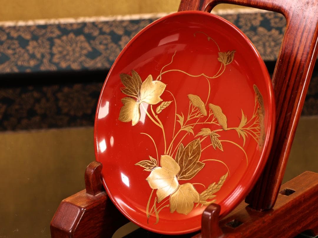 BK421　時代輪島塗　草花図金蒔絵　吸物椀　五客　木製　茶道具 懐石 菓子