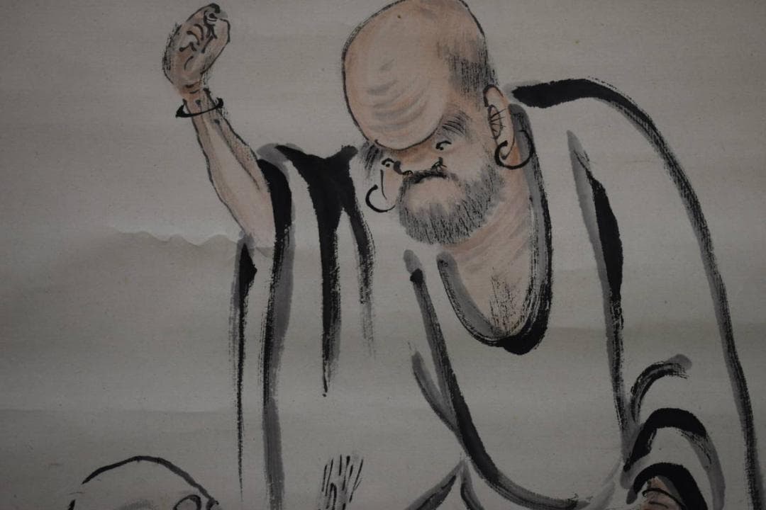 真作/田能村直入/達磨画賛/賢入の説法/骸骨/ガイコツ/布袋屋掛軸HG-118