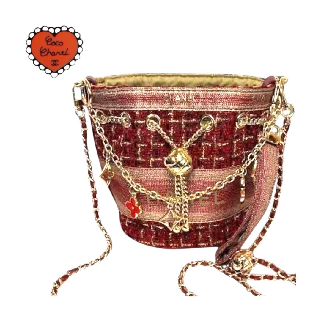 【新品未使用】 CHANEL レッド 赤 ラメ ツイード チェーン バッグ