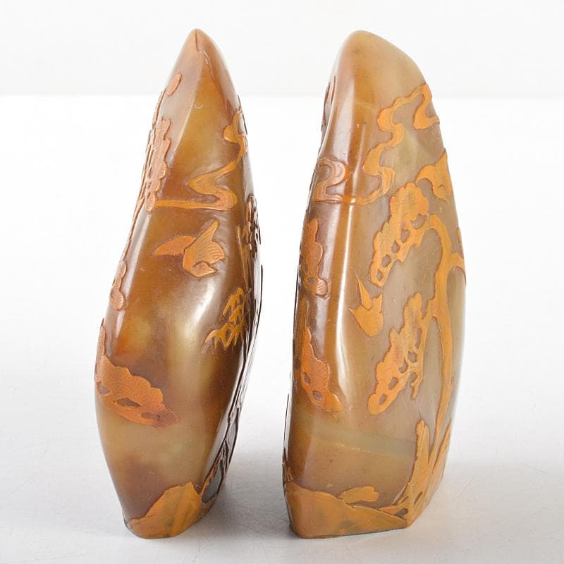 中国　玉石彫刻　山水人物刻　置物　2点　時代箱付　M　R5800
