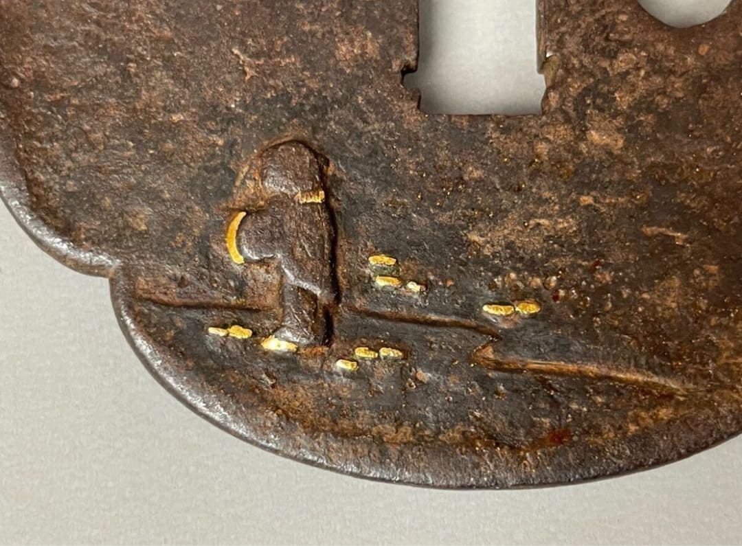 本歌 江戸期 鍔 竹藪 馬に乗った武士 金象嵌 武具 鉄鍔 つば 時代物