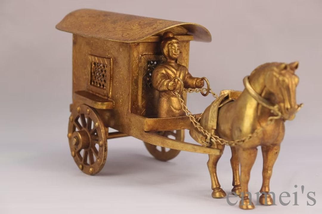 中国古美術 旧蔵 鍍金銅馬車 精銅製 彫刻置物 装飾 文房置物 純手作り 重器