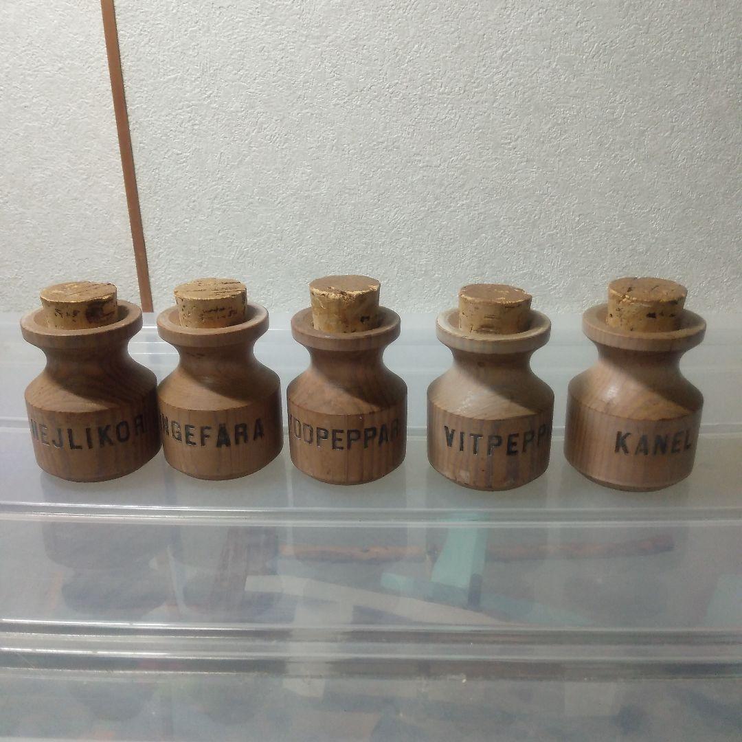 北欧ビンテージ木製スパイス入れ5個、