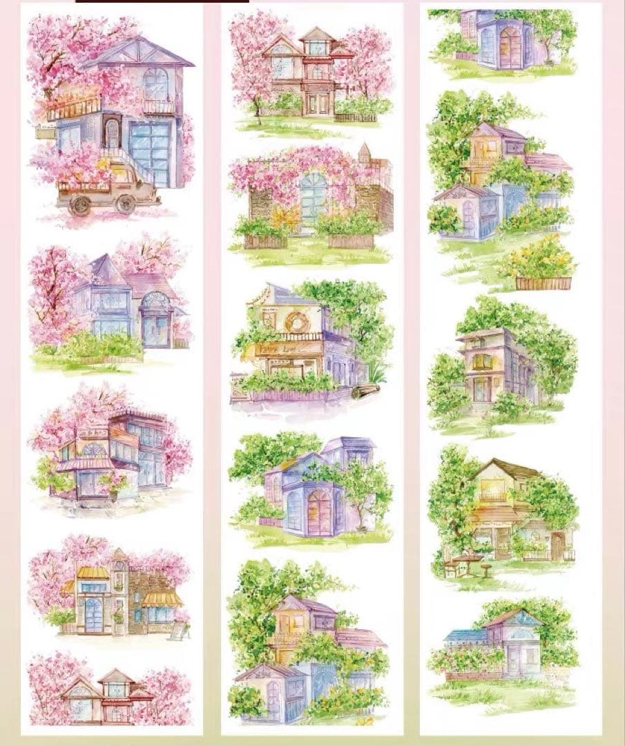 【9080】海外　マステ　5m巻　PETマスキングテープ　桜　木　戸建て　背景系