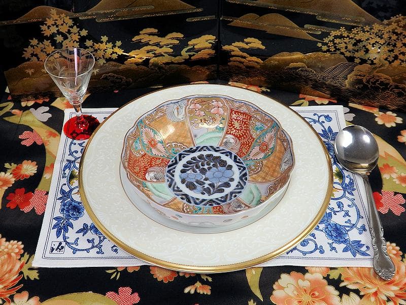 古伊万里　金襴手　松竹梅に鶴亀の図　膾皿　５客　D942AS-BNu