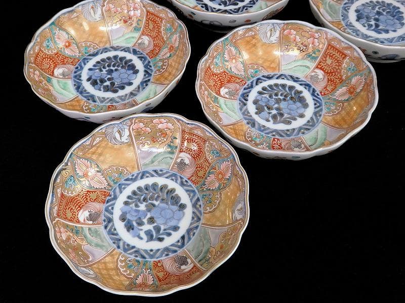 古伊万里　金襴手　松竹梅に鶴亀の図　膾皿　５客　D942AS-BNu