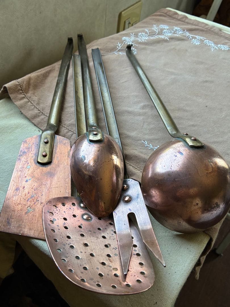 フランス　アンティーク　銅製 レードル ５本　壁掛け　ラック　プロ用　コッパー