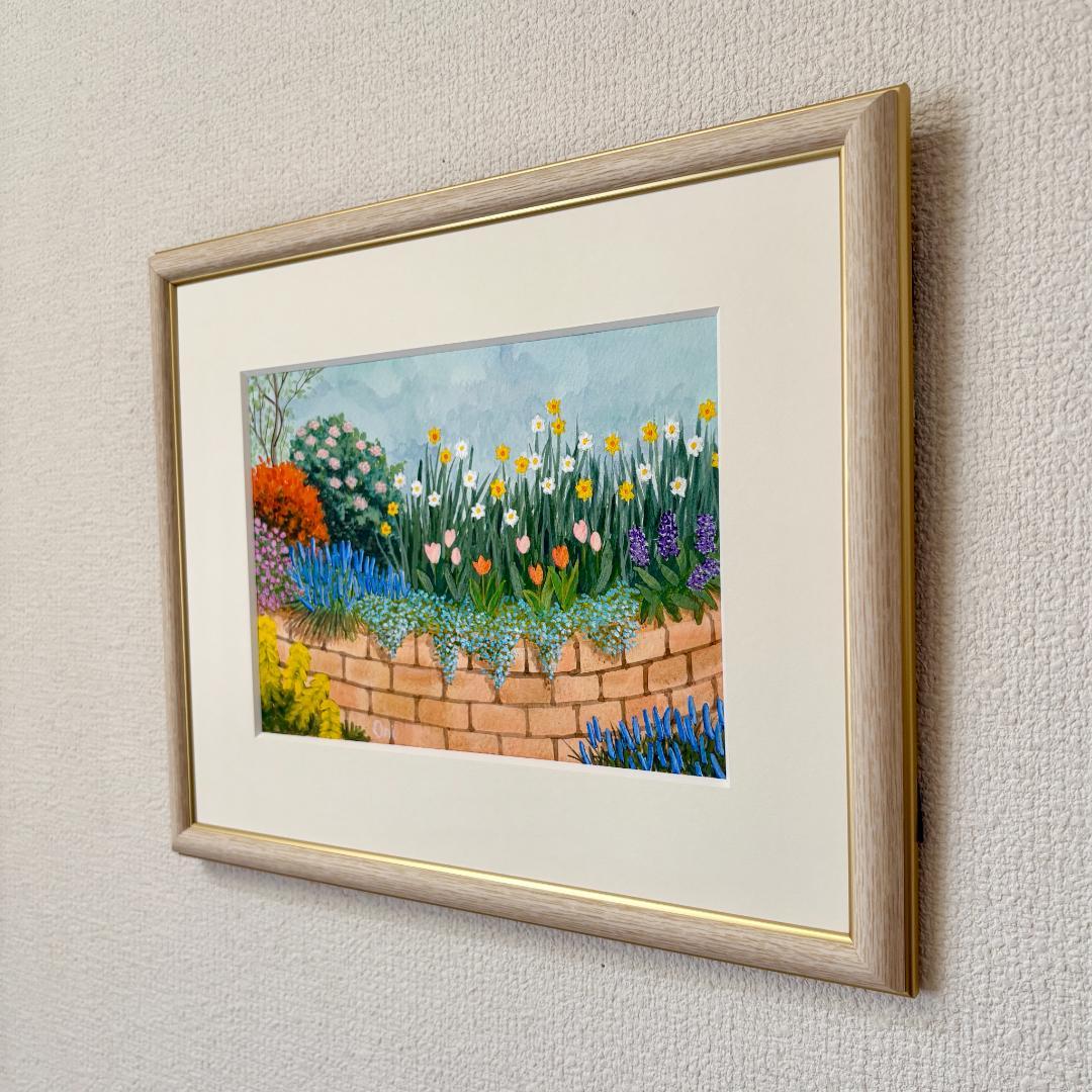 アクリル画　原画　「小さな花壇04」額縁付　SMサイズ　風景画