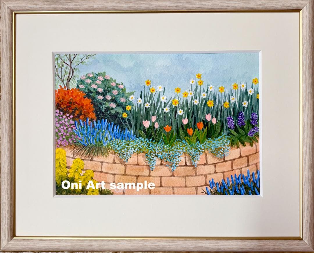 アクリル画　原画　「小さな花壇04」額縁付　SMサイズ　風景画