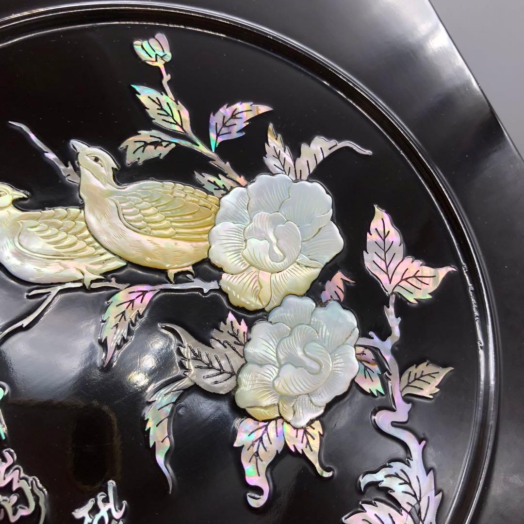 螺鈿細工らでんざいく鳥お花貝殻装飾八角形黒漆器重箱菓子箱23cm伝統工芸品