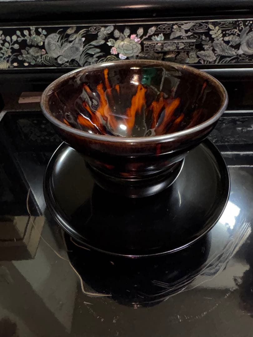 茶道具真塗天目台天目茶碗桶谷定一作