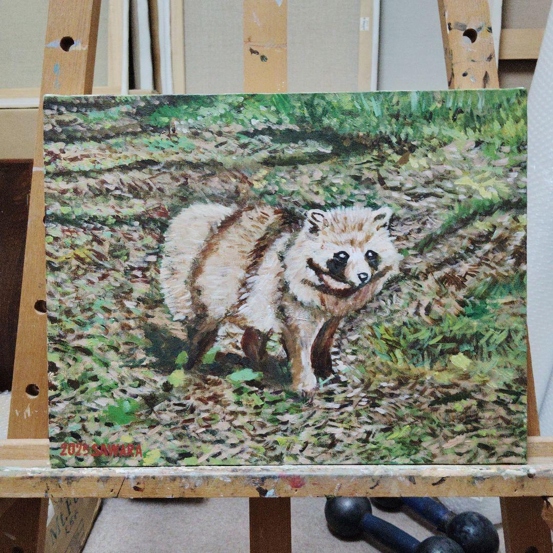 絵画、巌流島のタヌキ、佐原聖春、F6号アクリル画