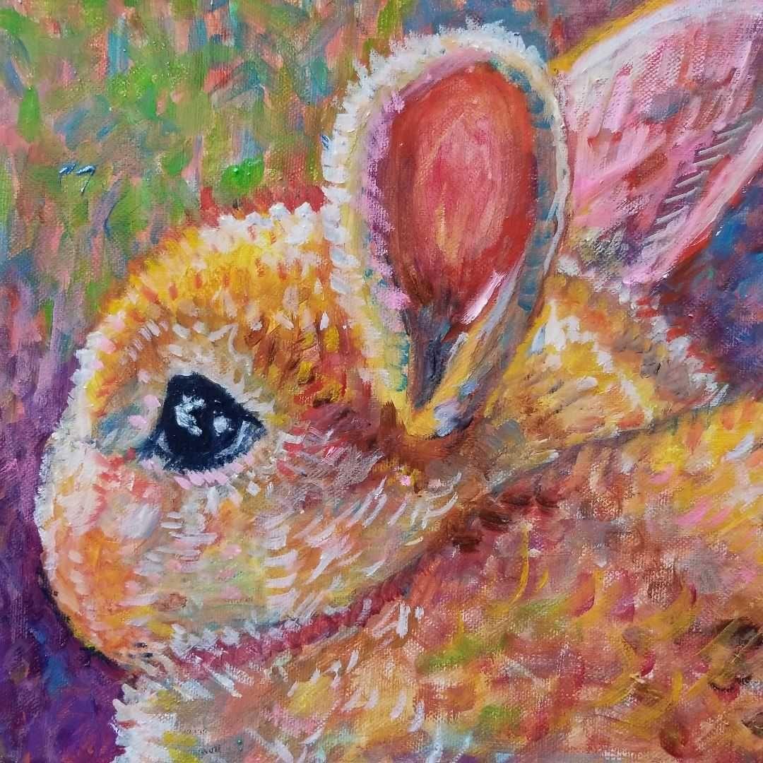 キャンバス油絵　専用　朝焼けを見る ななめうしろむきのうさぎ　印象派風