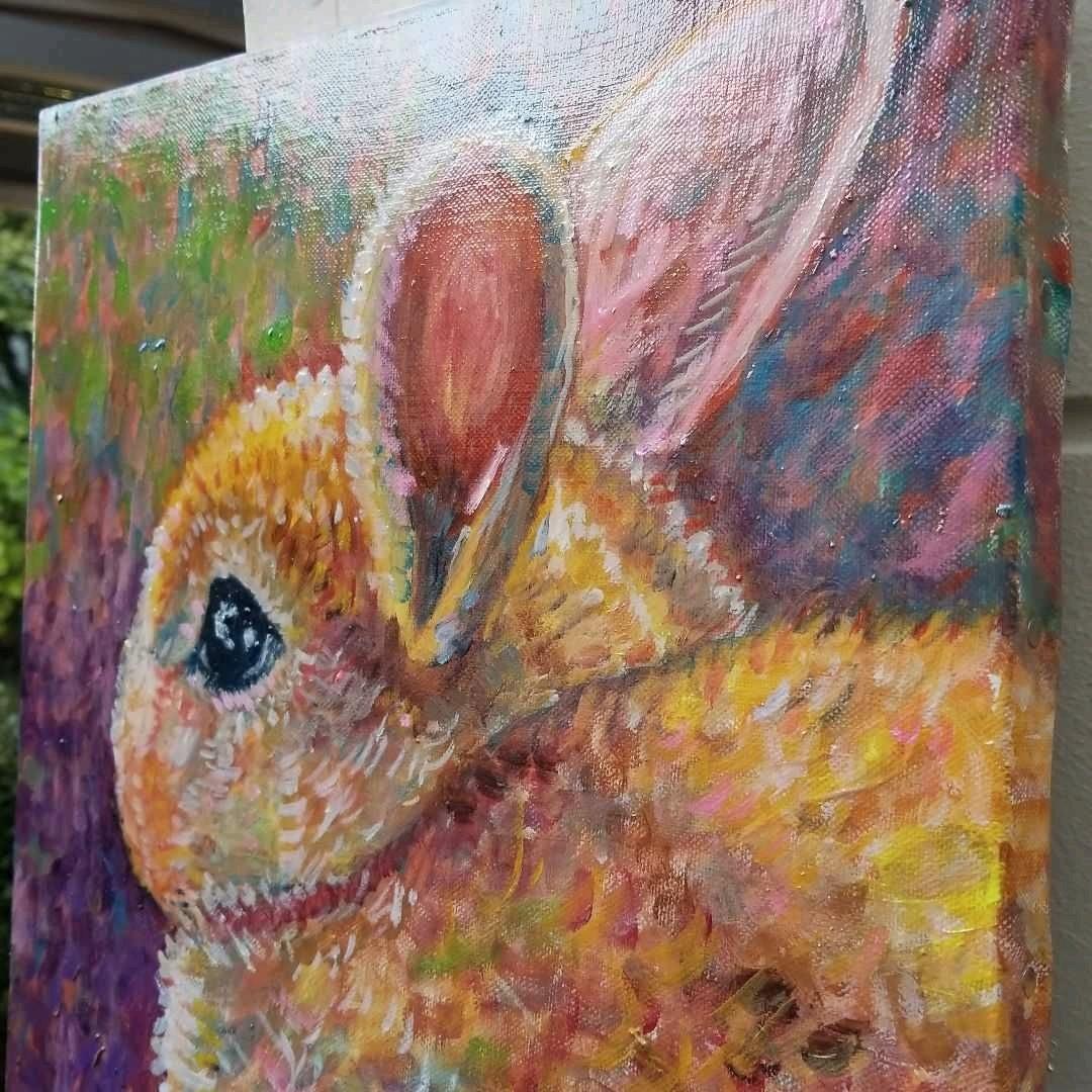 キャンバス油絵　専用　朝焼けを見る ななめうしろむきのうさぎ　印象派風