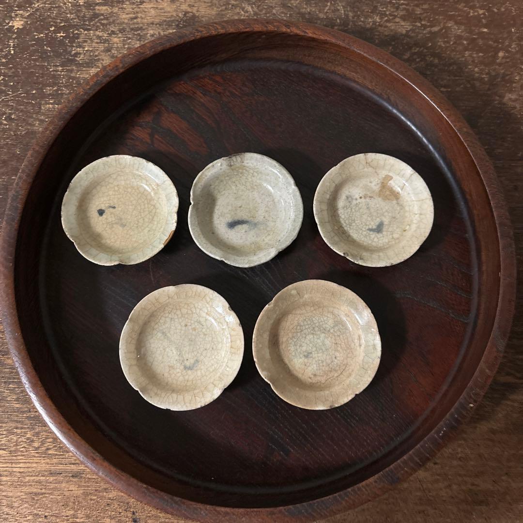 灰釉小皿　5点　豆皿　美濃瀬戸　酒盃　骨董　アンティーク　古道具　古民具　李朝