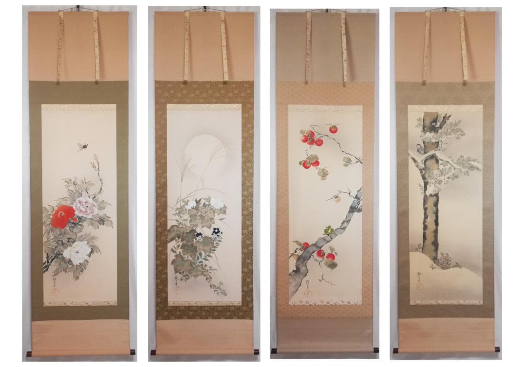 【復刻工芸画】酒井抱一筆【十二か月花鳥図　四幅セット◆共箱付　日本画　花鳥　掛軸