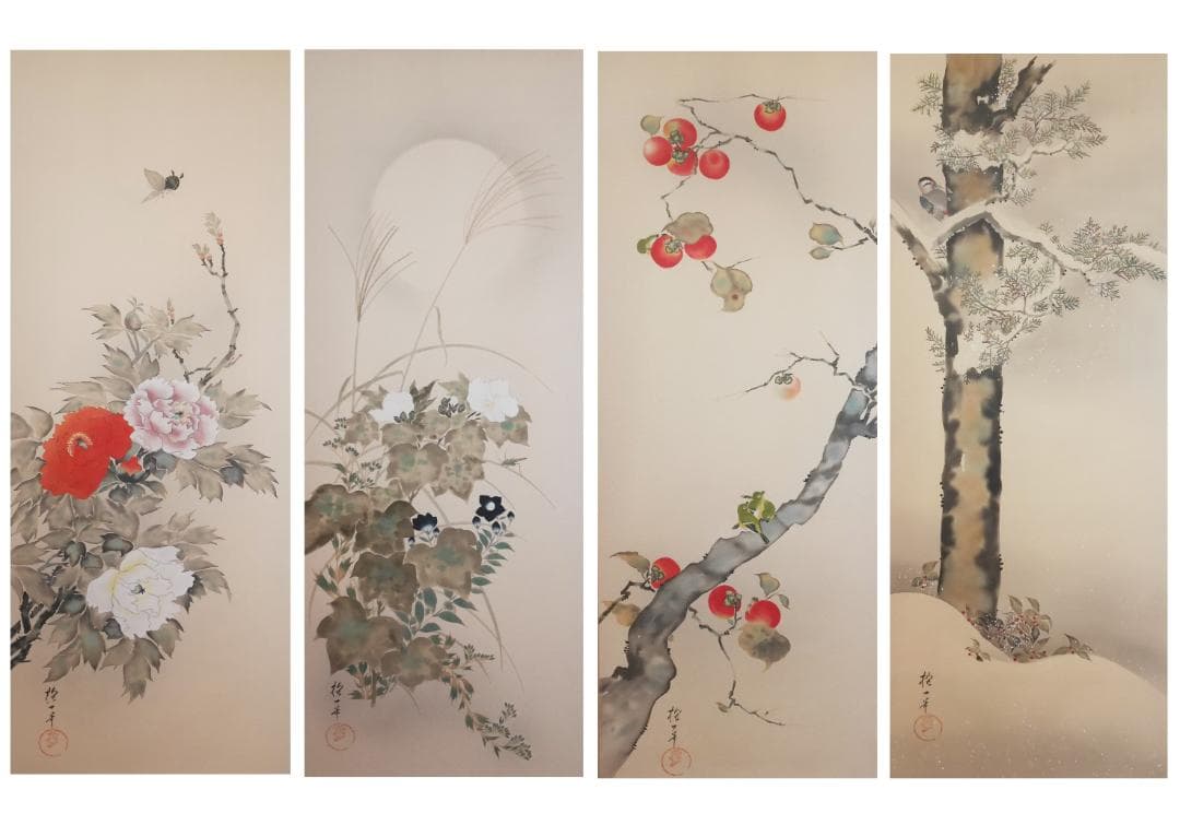 【復刻工芸画】酒井抱一筆【十二か月花鳥図　四幅セット◆共箱付　日本画　花鳥　掛軸