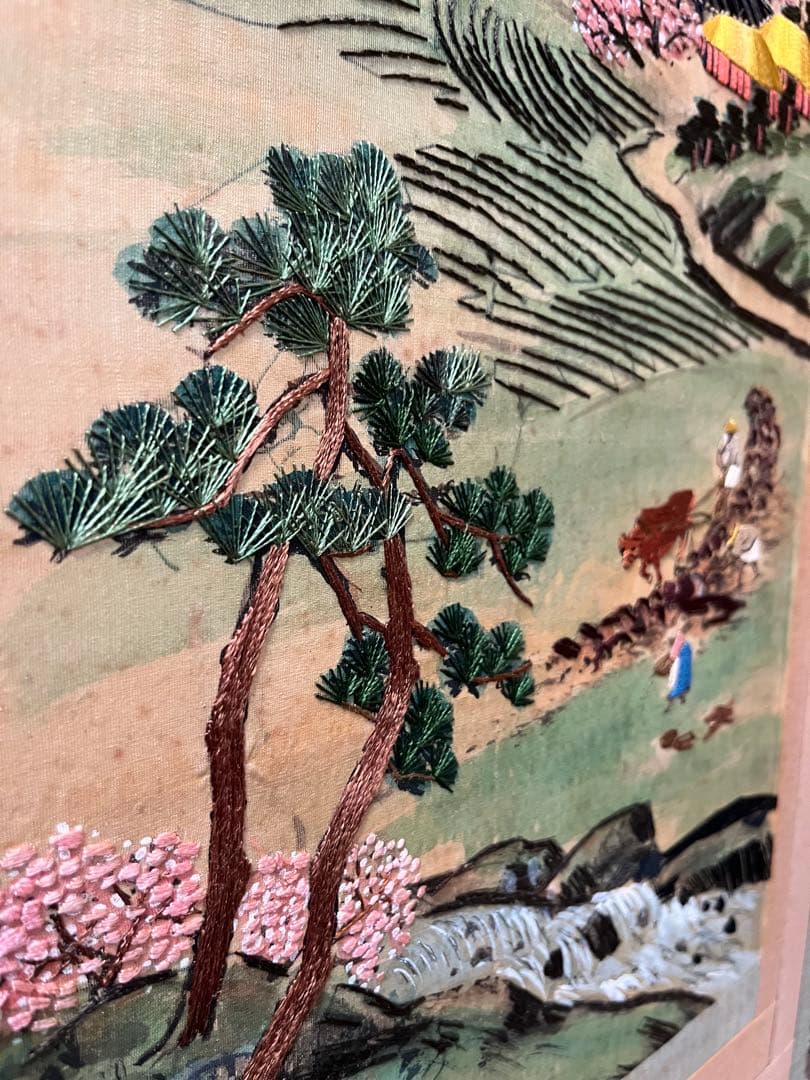 中国屏風 刺繍 雲林山房一修 四季山水 インテリア アンティーク