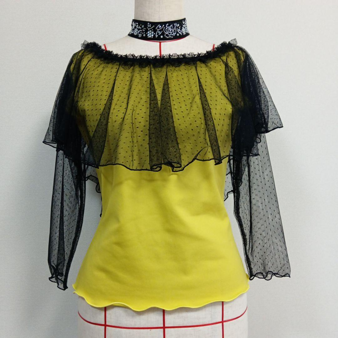 お値下げ　ハンドメイド　イエロー系にドットチュール重ね　社交ダンス　セットアップ