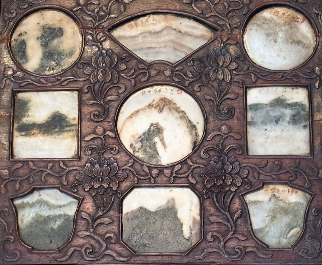 時代　大理石　中国工芸品　山水　漢詩