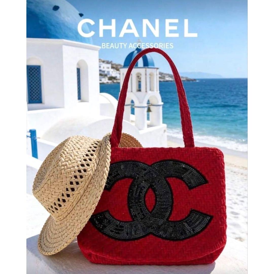 【新品未使用】 CHANEL 赤 ニット ブラック スパンコール トートバッグ
