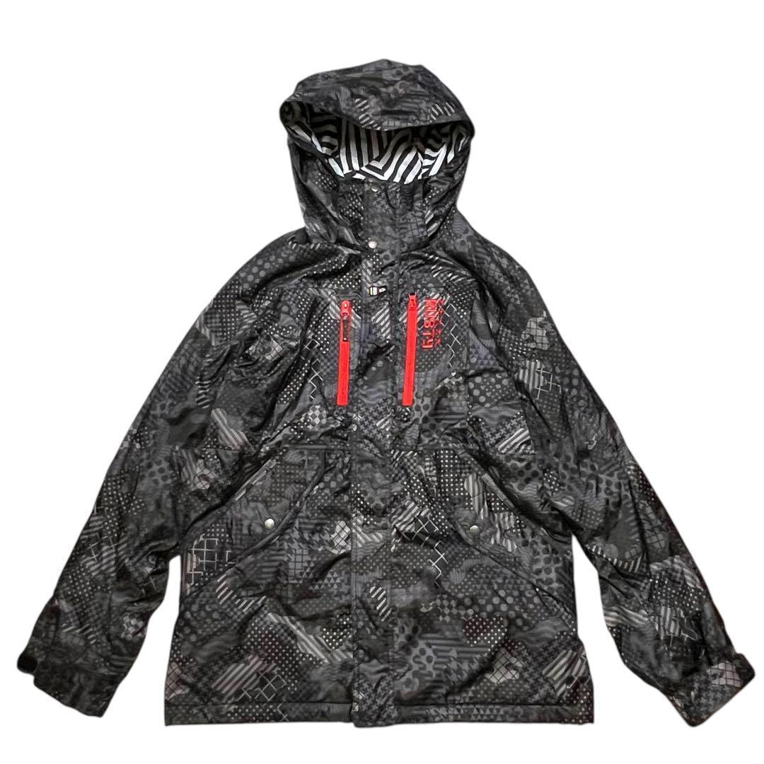ラスティ スノーボードウェア ジャケット 総柄 黒赤 刺繍 L スキー 多機能