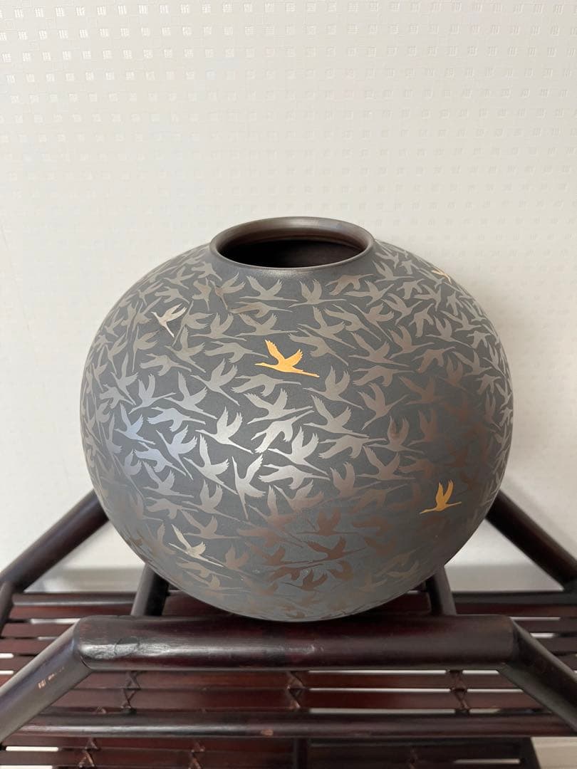 萬古輝彩鶴文壺、醉月窯、陶器、工芸品、古美術、花器、壺、飾り