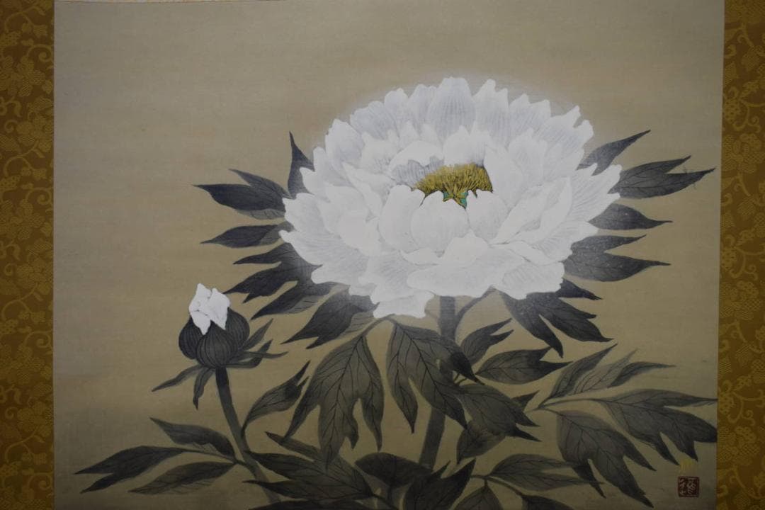 真作/河原進/牡丹図/桐共箱付/布袋屋掛軸HE-922