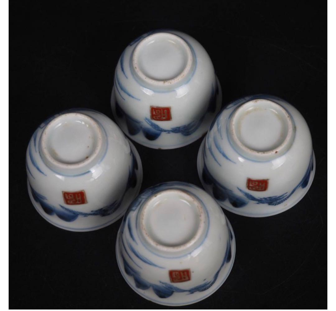 送料無料　江戸時代　古伊万里山水図煎茶碗4客　煎茶道具