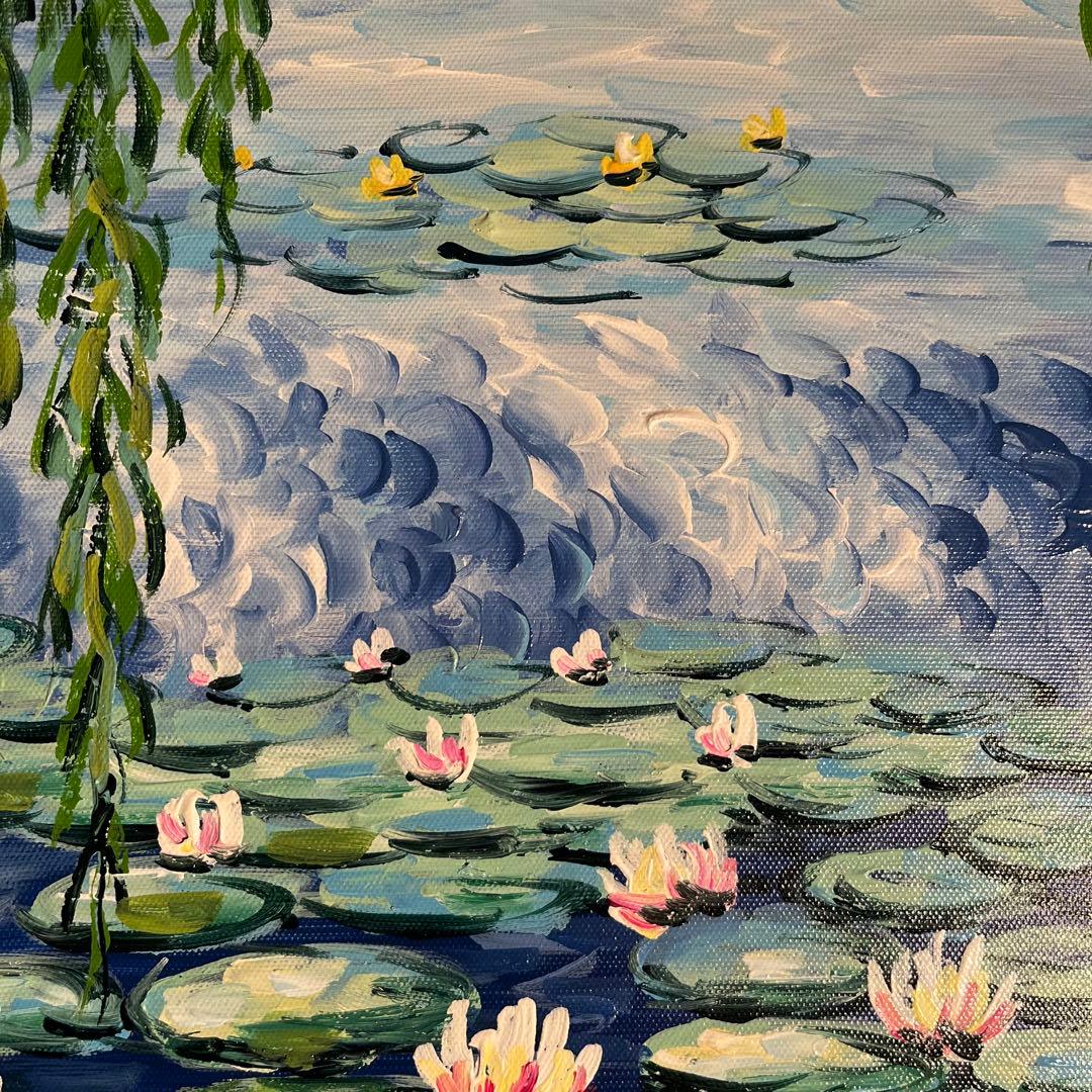 手書き油絵 クロード・モネ 柳睡蓮 額付 肉筆絵画 インテリア 油彩画