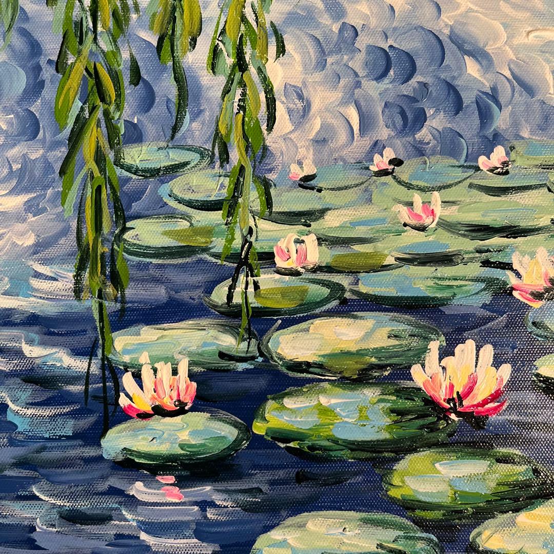 手書き油絵 クロード・モネ 柳睡蓮 額付 肉筆絵画 インテリア 油彩画