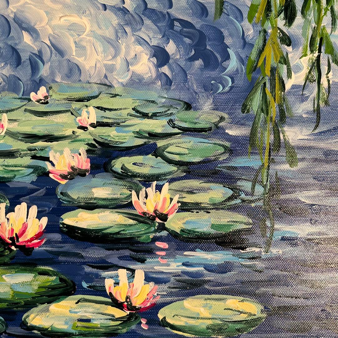 手書き油絵 クロード・モネ 柳睡蓮 額付 肉筆絵画 インテリア 油彩画