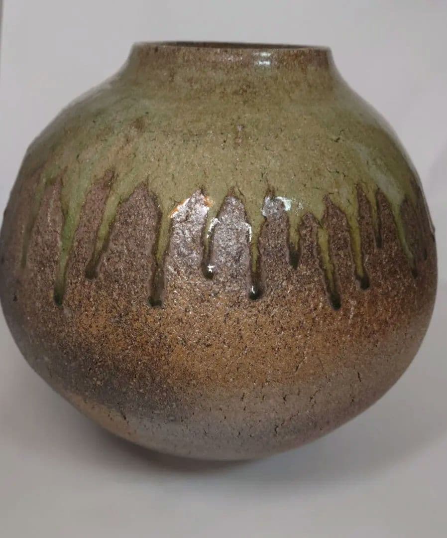 【常滑焼　大壺】大迫みきお　常滑焼　灰釉壺　共箱　花瓶　花入　花生　師　江崎一生