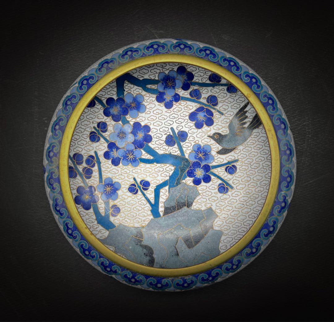 中國美術 古玩 景泰藍 京法 七宝焼 梅 鳥 石紋樣笔洗 書道具