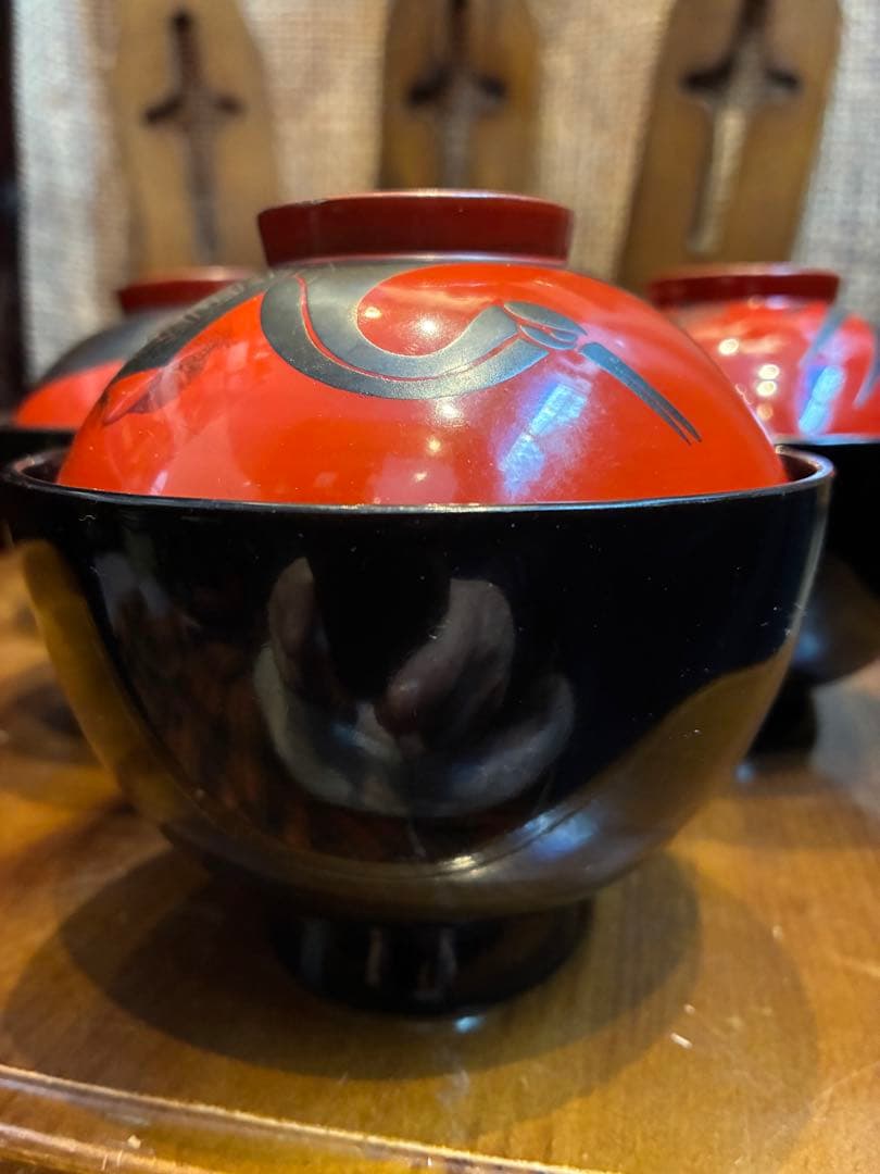 漆器　木製　吸物椀　8客　鶴文　蒔絵　輪島塗