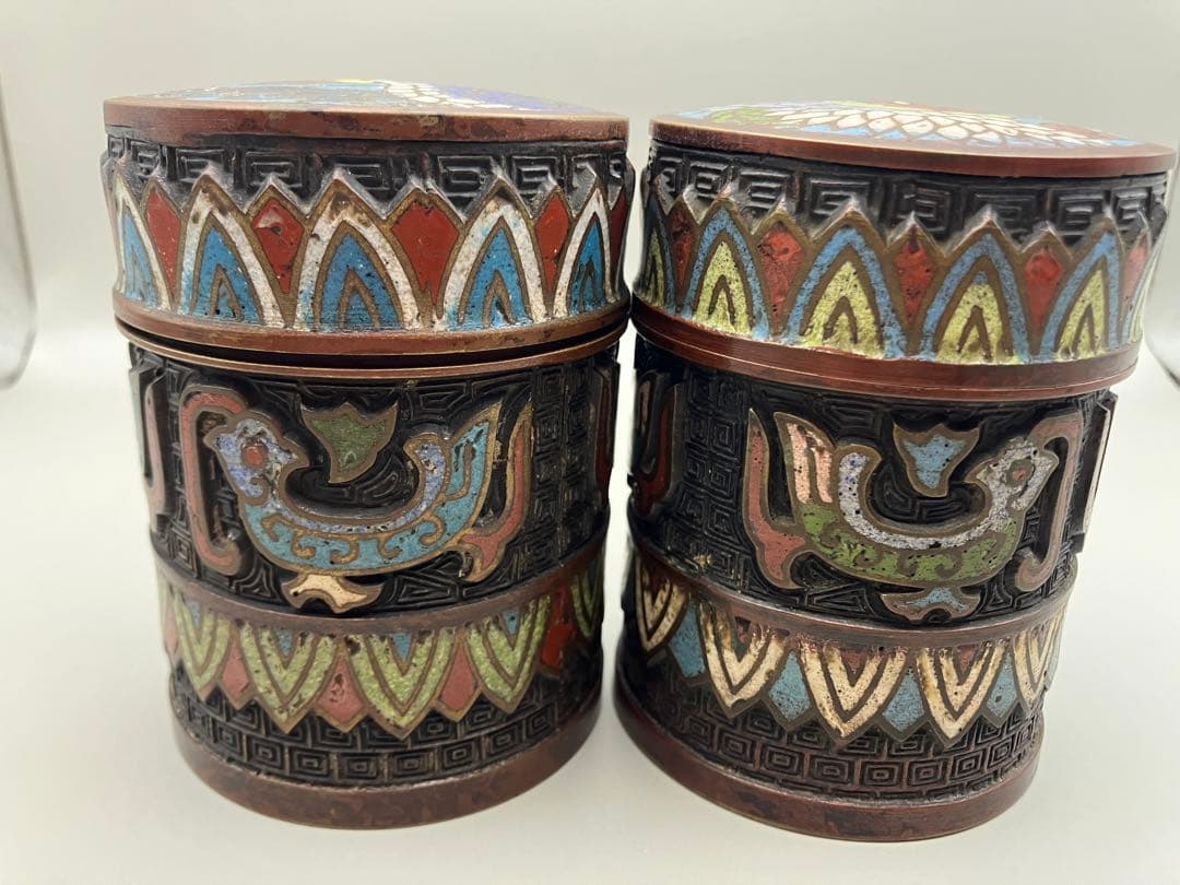 お茶入れ　二つ　清曇製　銅　七宝　時代