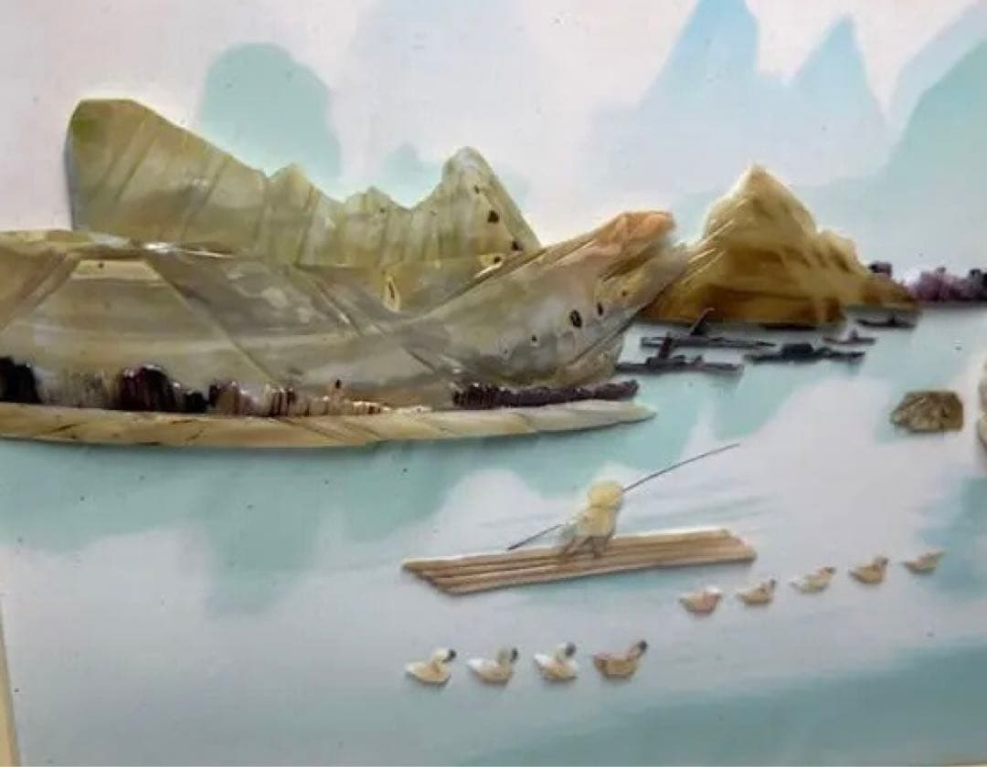 中国工芸 螺鈿画「桂林象鼻山」額装 壁掛け 41×25cm