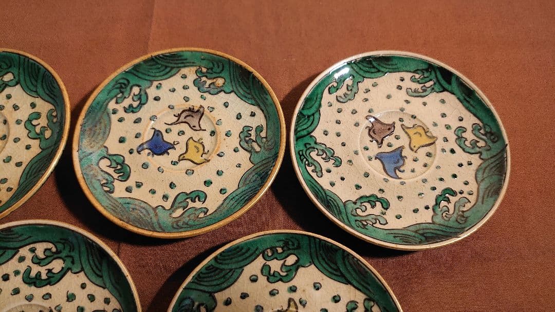 古九谷　九谷焼　青九谷　青手　吉田屋　松山窯　波千鳥　豆皿　菓子皿　蔵出し　５客