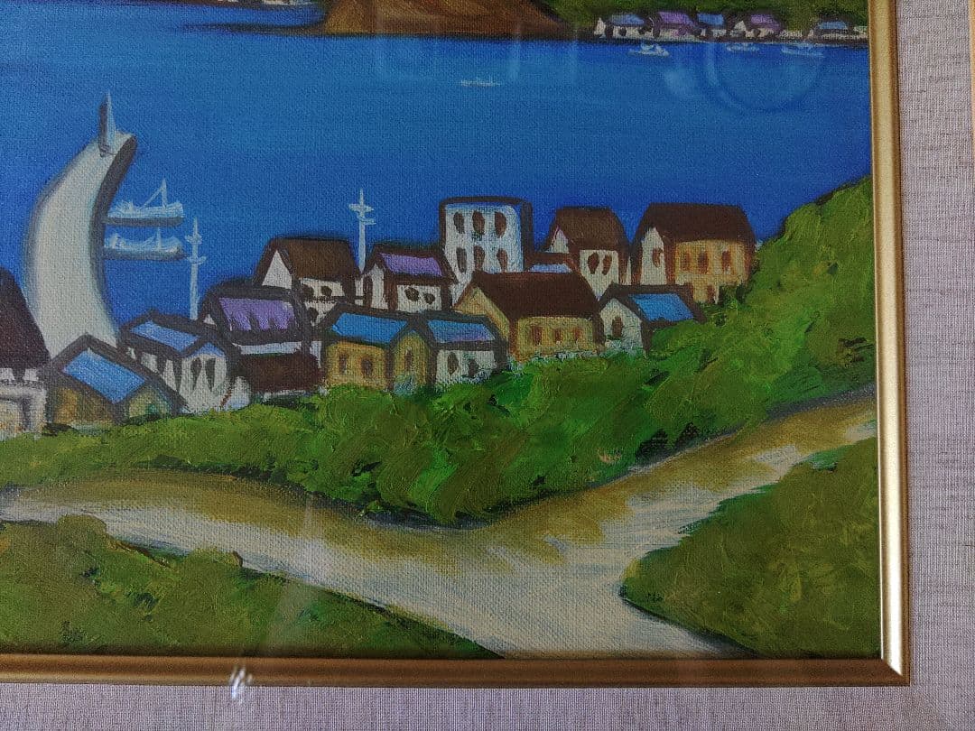 油彩画　入江の風景　作者不明　サイン有り