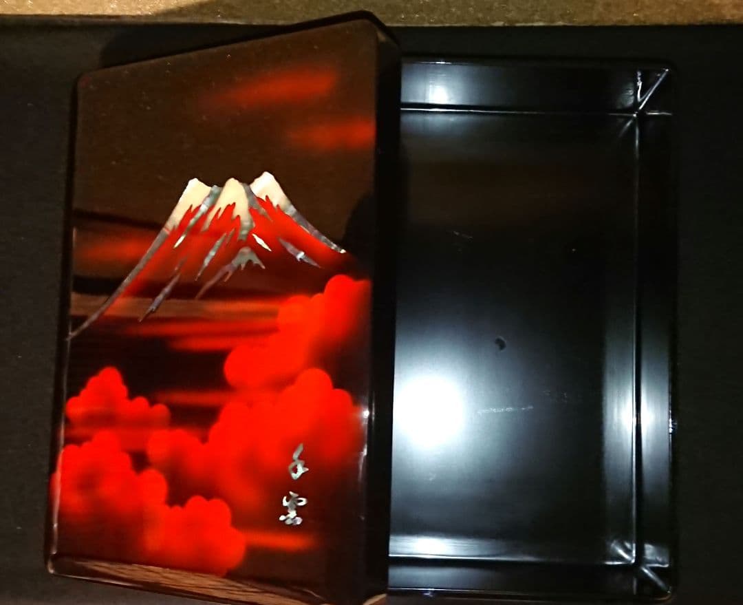 昭和中期 手雲作『螺鈿象嵌 赤富士蒔絵文箱』ヴィンテージ