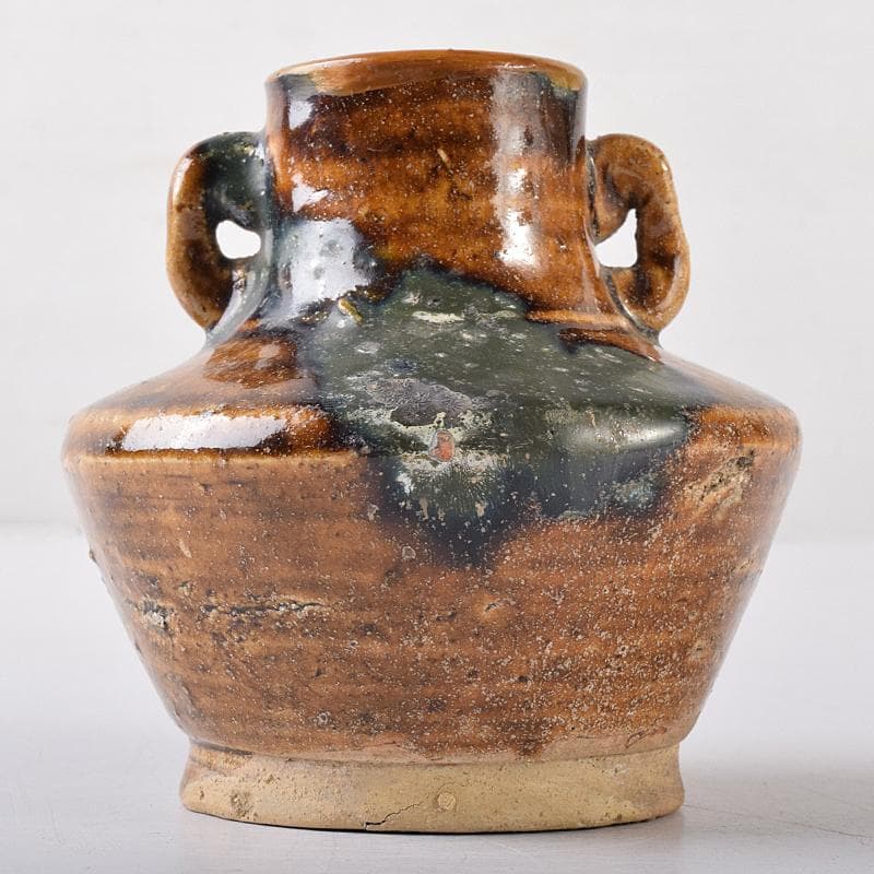 美濃古窯　黄瀬戸釉　耳付壷　袱紗付　時代箱付　D　R8121