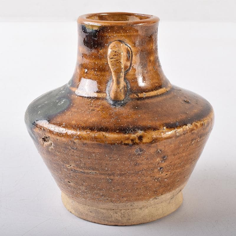 美濃古窯　黄瀬戸釉　耳付壷　袱紗付　時代箱付　D　R8121