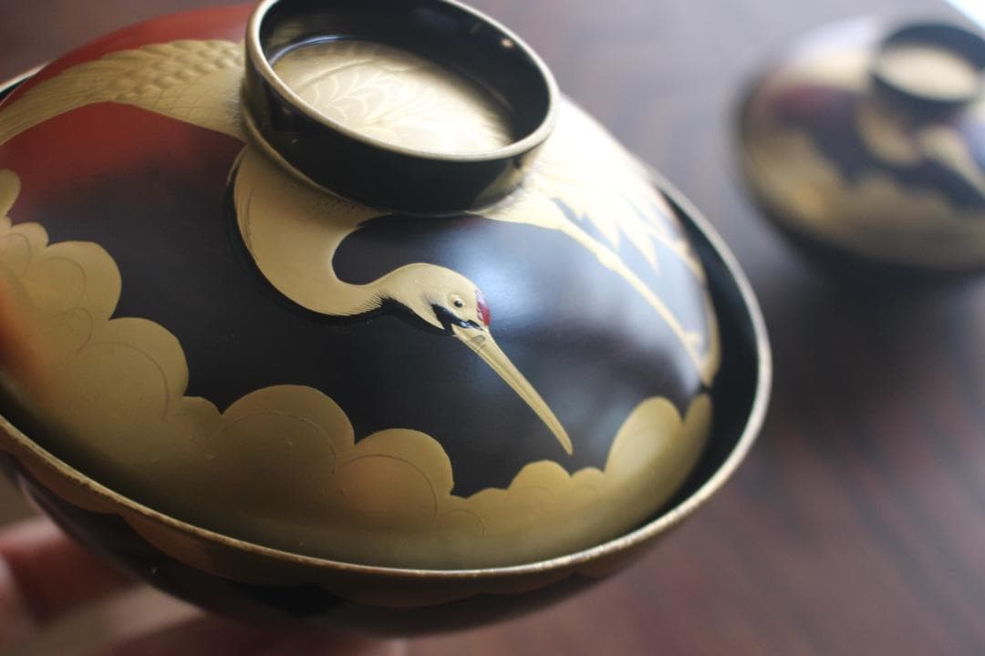 時代逸品！時代金縁黒漆に極上日の出鶴蒔絵の映えるお椀2点（検輪島塗蒔絵椀雑煮椀