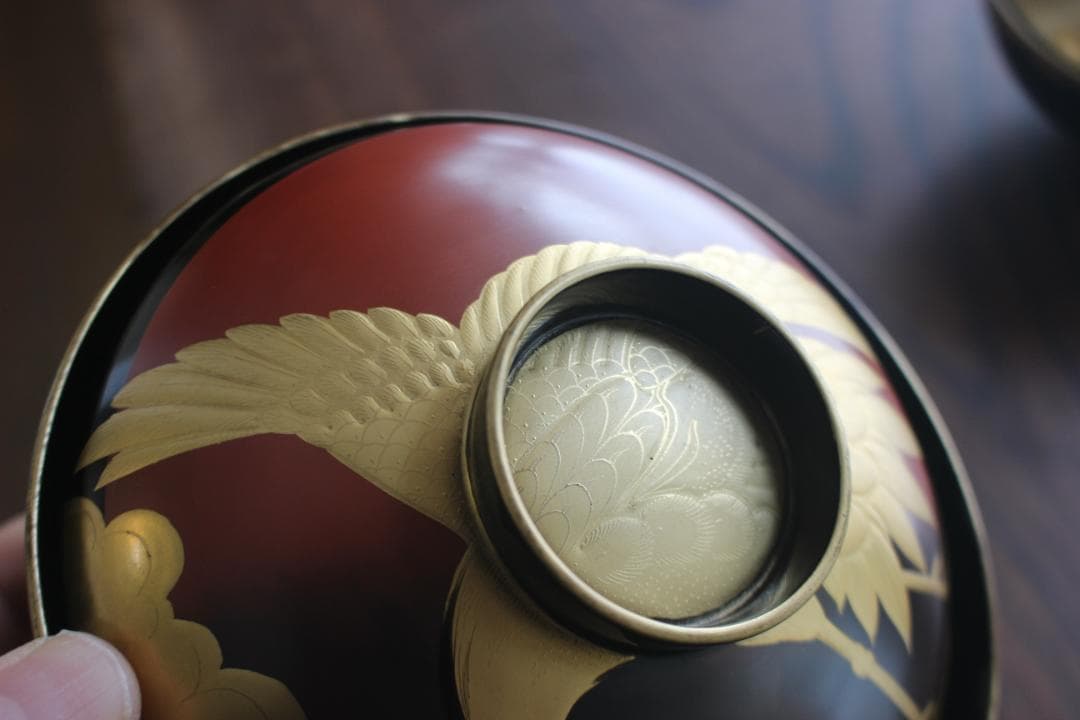 時代逸品！時代金縁黒漆に極上日の出鶴蒔絵の映えるお椀2点（検輪島塗蒔絵椀雑煮椀